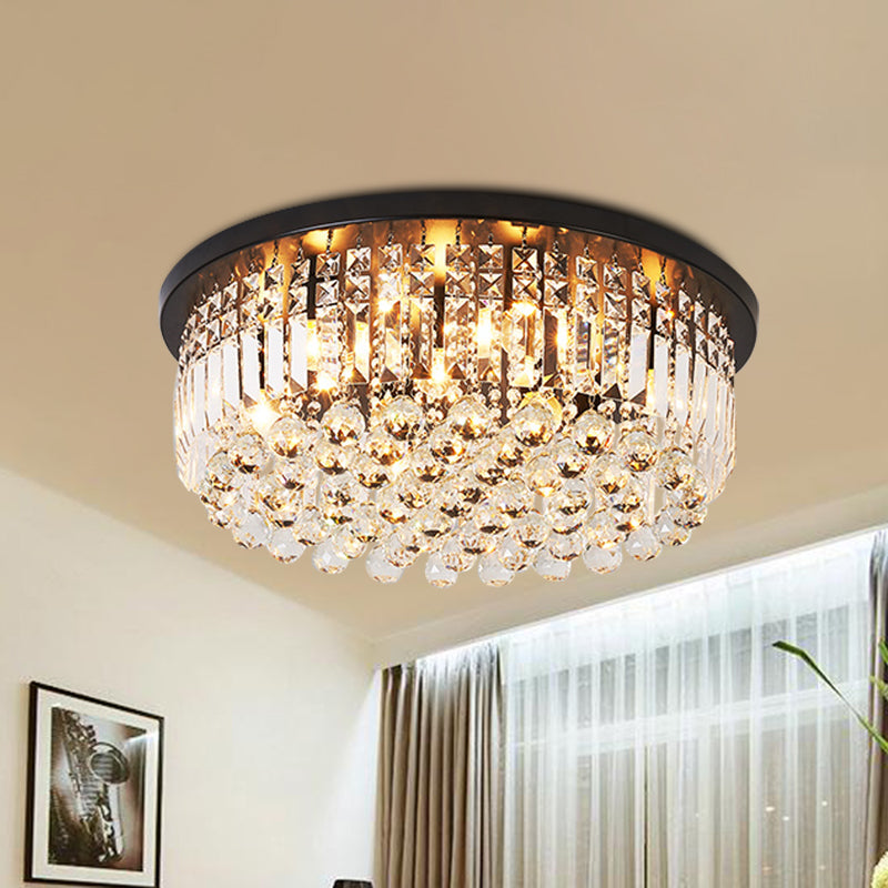 Contemporary Black Crystal Cascade Ceiling Light for Bedroom - 9-Light Flush Mounted Fixture