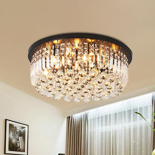 Contemporary Black Crystal Cascade Ceiling Light for Bedroom - 9-Light Flush Mounted Fixture