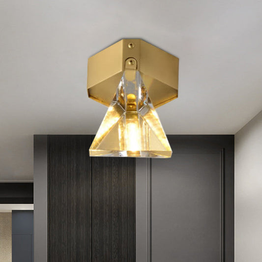 Faceted Crystal Flush Mount Ceiling Light Fixture - Minimalist LED Brass Finish Lighting
