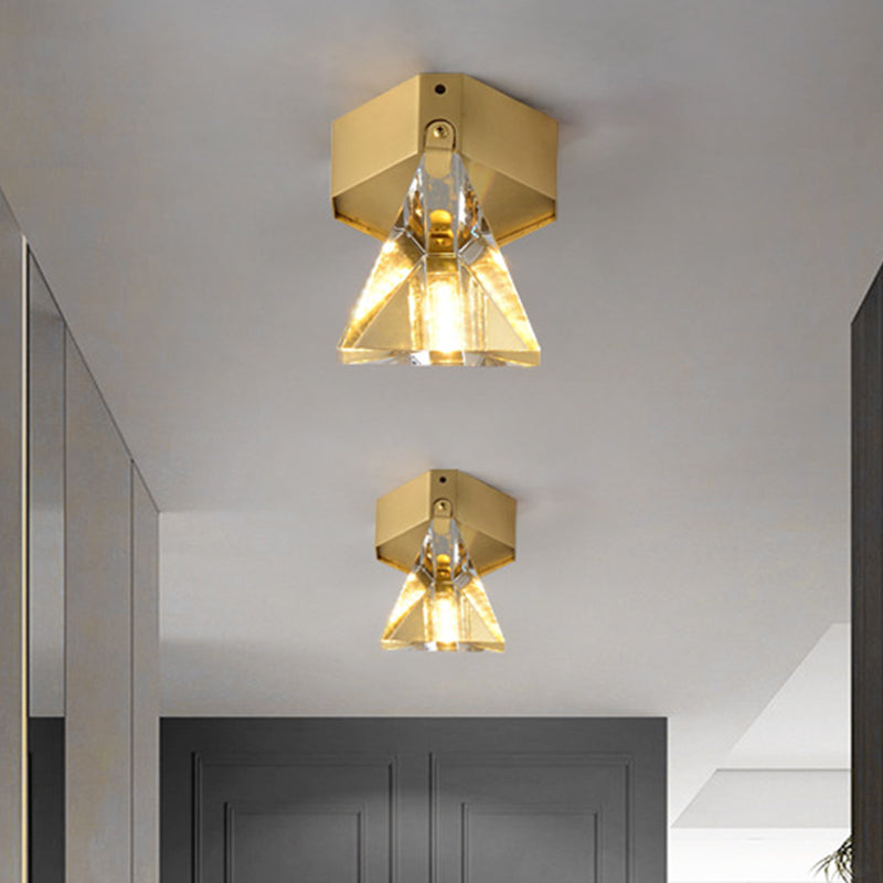 Faceted Crystal Flush Mount Ceiling Light Fixture - Minimalist LED Brass Finish Lighting