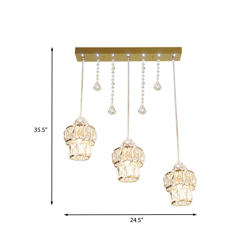 Gold Modern Crystal Pendant Light With Jar Cluster Design - 3 Lights For Corridors