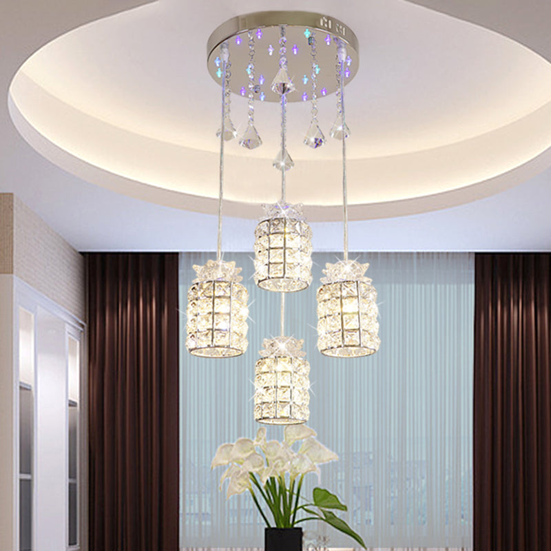 Modern Crystal Cylinder Suspension Lamp - 4-Light Dining Room Pendant Light Chrome Finish