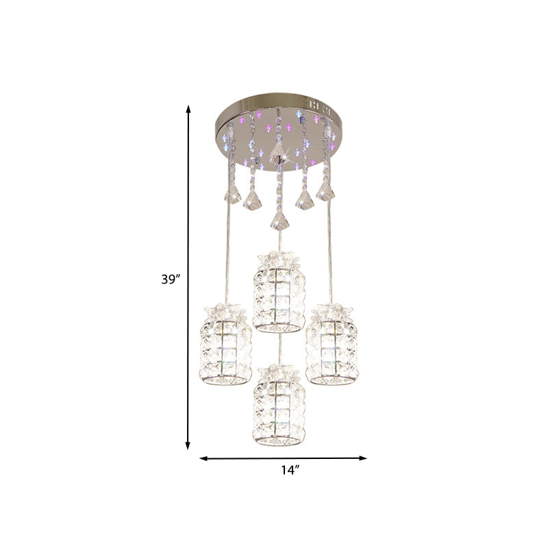 Minimal Cylinder Crystal Pendant Light with 4 Clear Lights for Dining Room - Chrome Finish