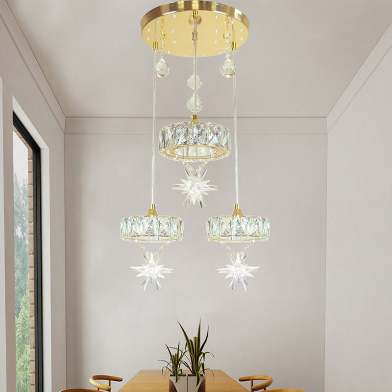 Gold Finished Crystal Pendant Light with Star Design - 3 Head, Simple Style