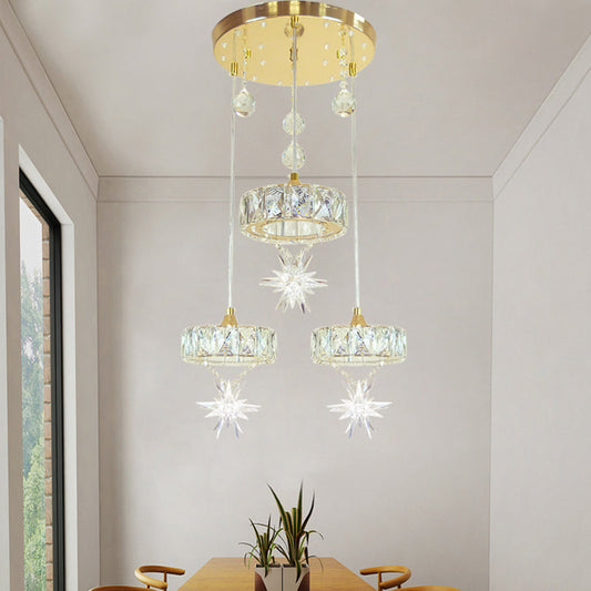 Gold Finished Crystal Pendant Light with Star Design - 3 Head, Simple Style