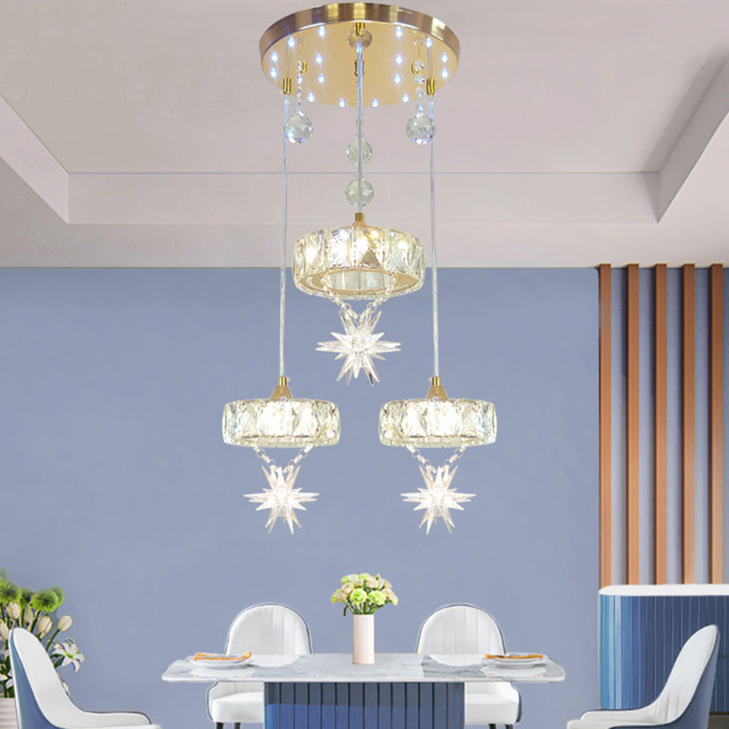 Simple Style Crystal Multi Pendant Light With Star Design - 3-Head Gold Finish Ceiling Hang Fixture