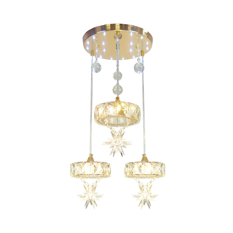 Gold Finished Crystal Pendant Light with Star Design - 3 Head, Simple Style