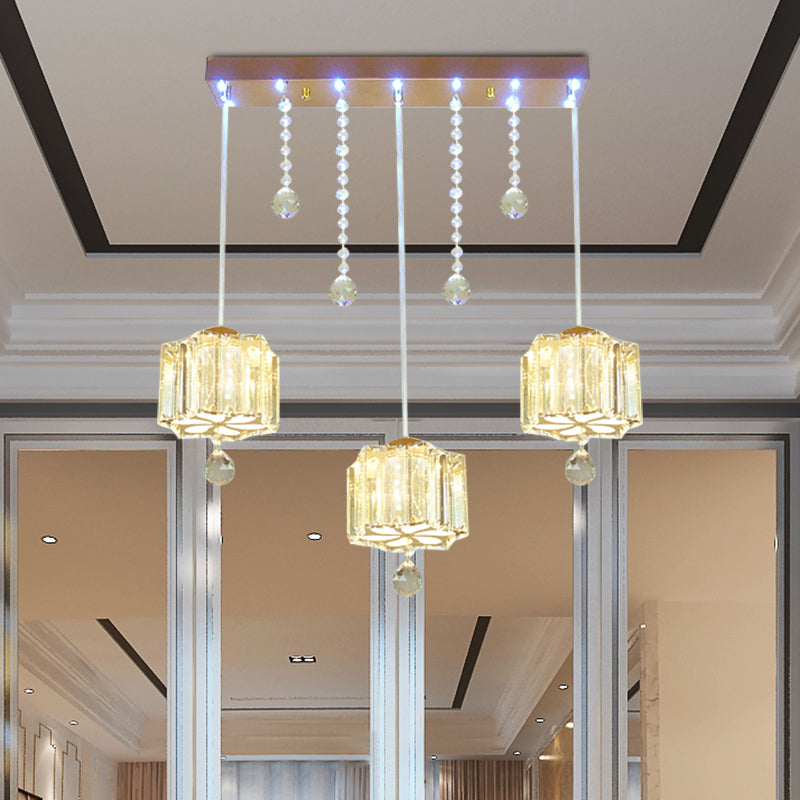 Contemporary Gold Blossom Pendant Light with Crystal Facets - 3 Bulbs - Linear Canopy
