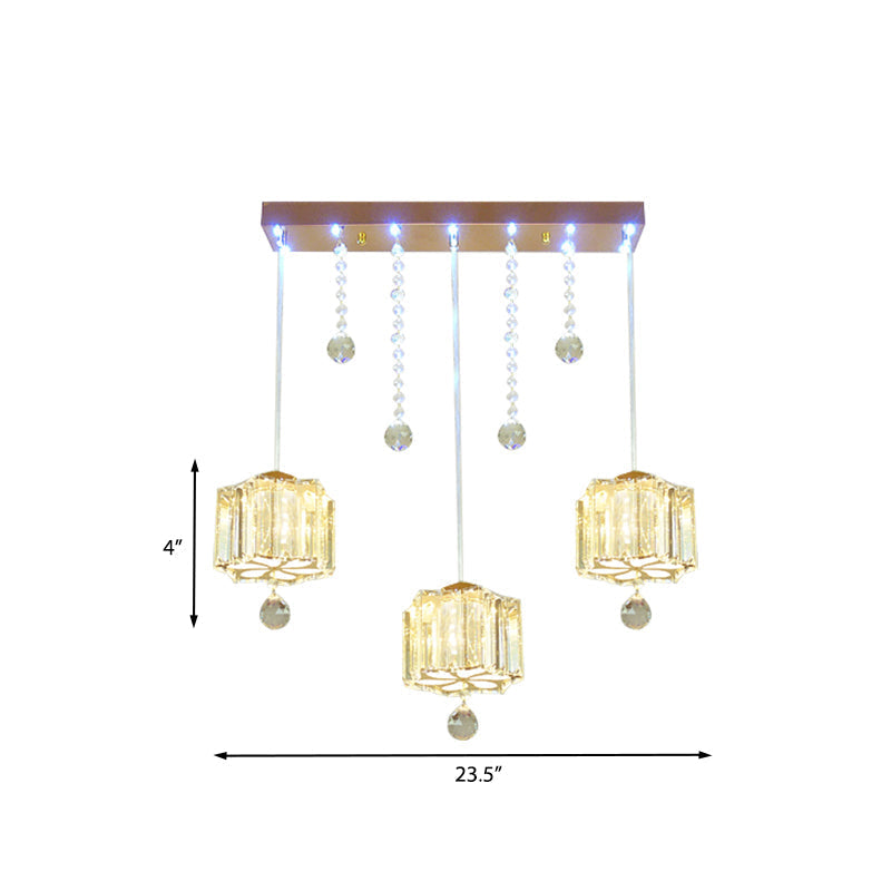 Contemporary Gold Blossom Pendant Light with Crystal Facets - 3 Bulbs - Linear Canopy