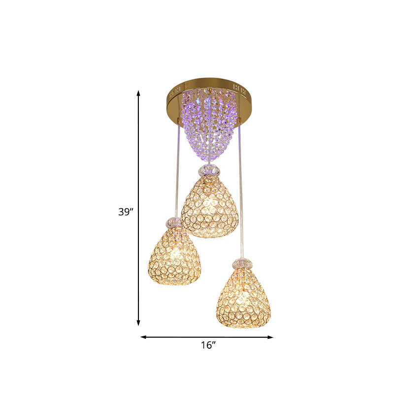 Modernist Teardrop Crystal Ceiling Lamp - 3 Head Cluster Pendant Light In Gold