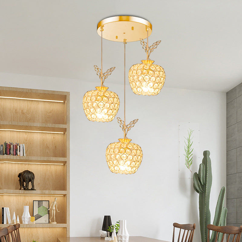Gold Apple Shaped Crystal Pendant Light With 3 Minimal Hanging Lamp Heads