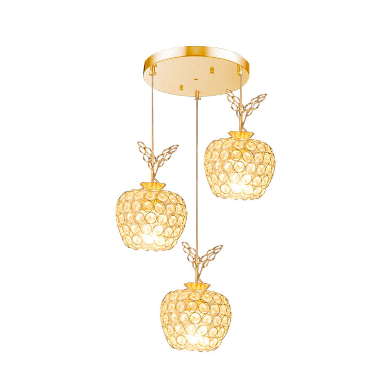Gold Apple Shaped Crystal Pendant Light with 3 Minimal Heads - Dining Room Cluster