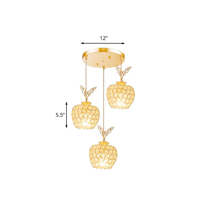 Gold Apple Shaped Crystal Pendant Light With 3 Minimal Hanging Lamp Heads