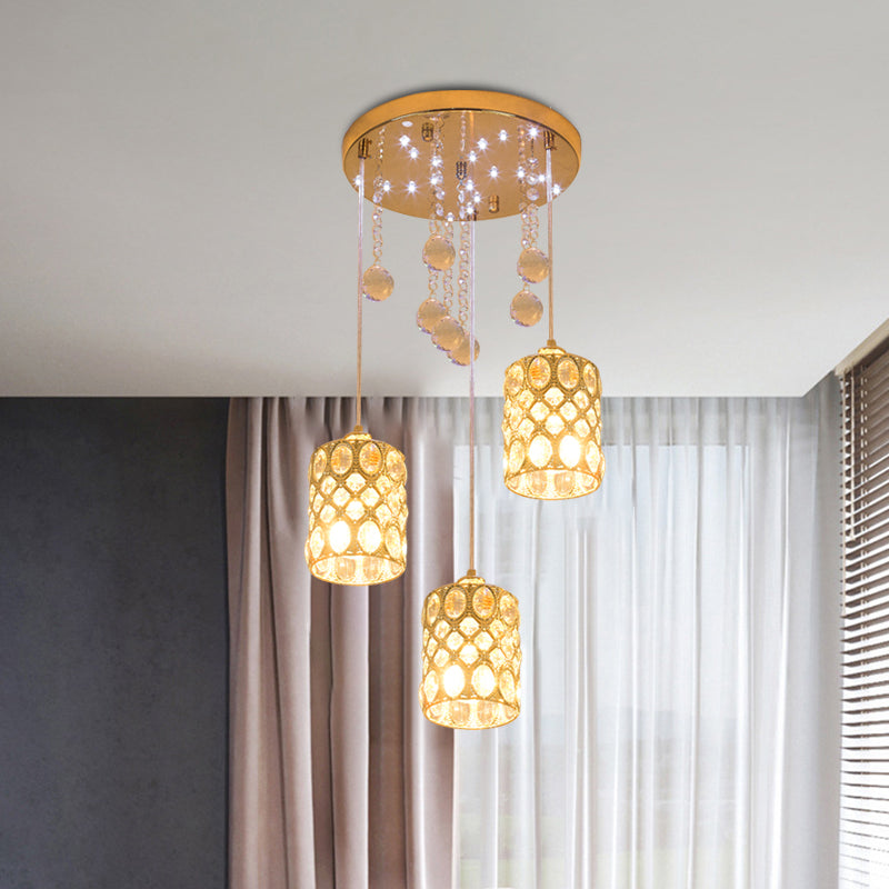 3-Light Cluster Pendant In Gold With Sleek Crystal Inserts For Bedroom