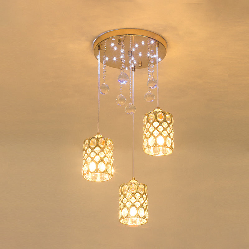 3-Light Cluster Pendant In Gold With Sleek Crystal Inserts For Bedroom