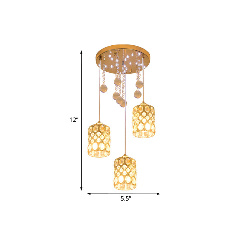 Gold Crystal Pendant Light with 3 Clustered Cylindrical Inserts for Bedroom
