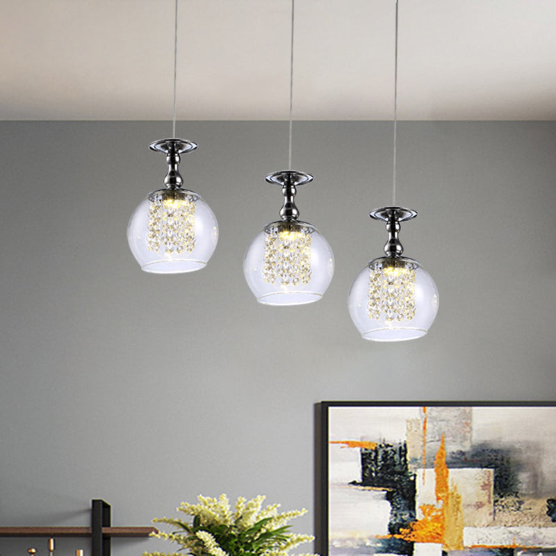 Ensemble de suspension contemporaine à 3 ampoules en verre transparent avec finition chromée et gouttelettes de cristal