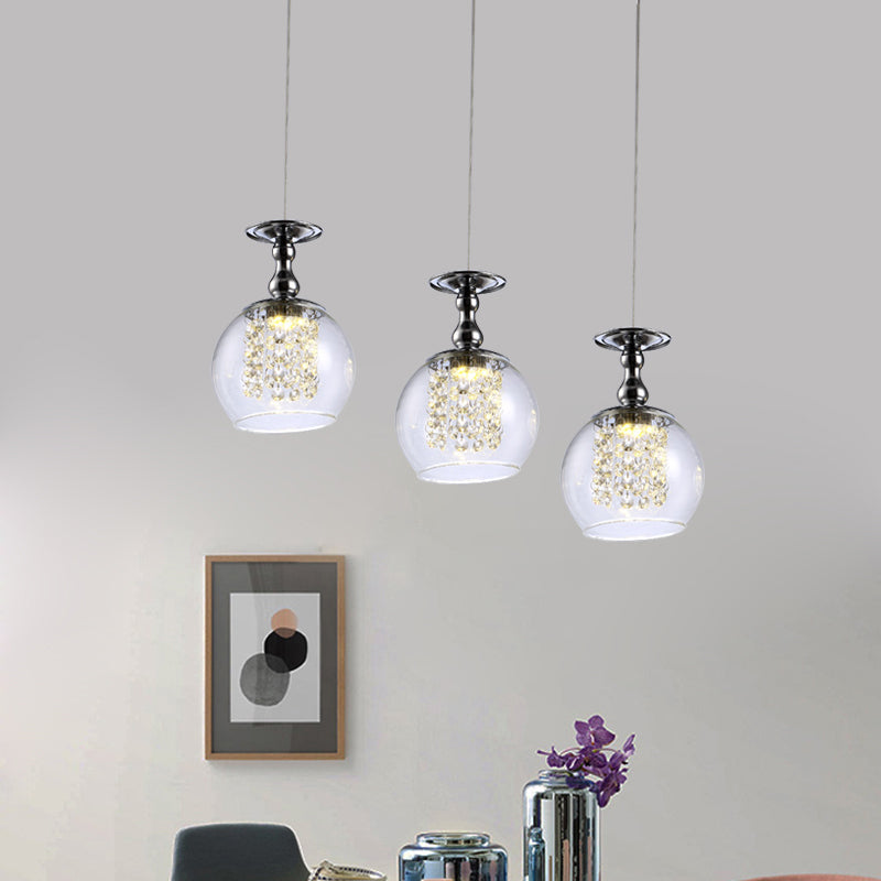 Ensemble de suspension contemporaine à 3 ampoules en verre transparent avec finition chromée et gouttelettes de cristal