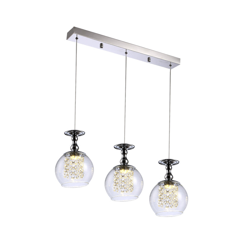 Ensemble de suspension contemporaine à 3 ampoules en verre transparent avec finition chromée et gouttelettes de cristal