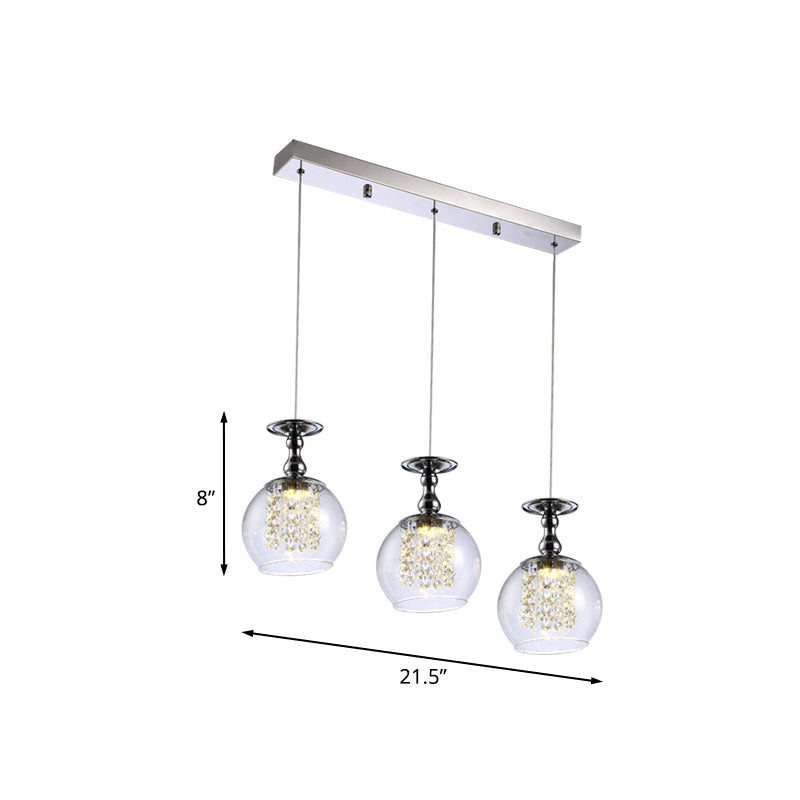 Ensemble de suspension contemporaine à 3 ampoules en verre transparent avec finition chromée et gouttelettes de cristal