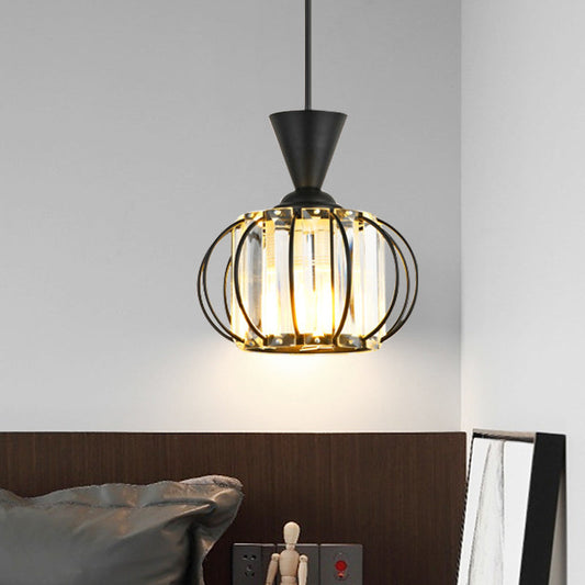 Modern Hanging Lamp Kit: Metallic Pendant Light with Crystal Drum Shade in Black/Gold - Perfect for Bedrooms