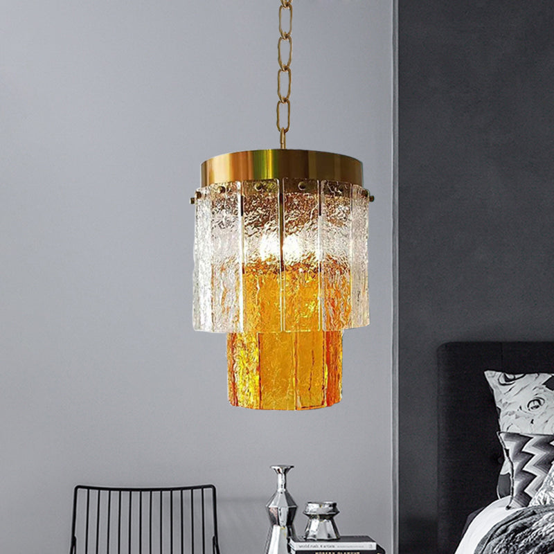 Minimalistic 2-Tiered Hanging Pendant Lamp - Yellow Textured Glass Dining Room Light Fixture