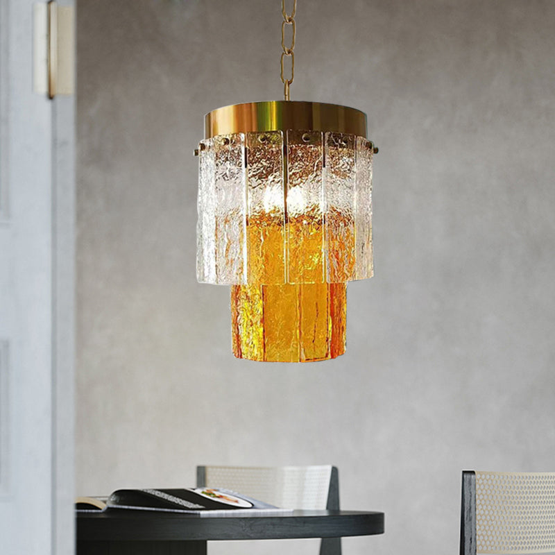 Minimalistic 2-Tiered Hanging Pendant Lamp - Yellow Textured Glass Dining Room Light Fixture