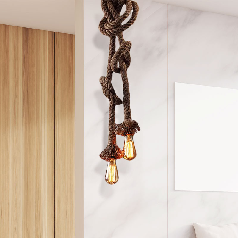 Vintage Style Light Brown Rope Pendant Light with Open Bulb - 2 Heads - Ceiling Hanging Lighting for Bar