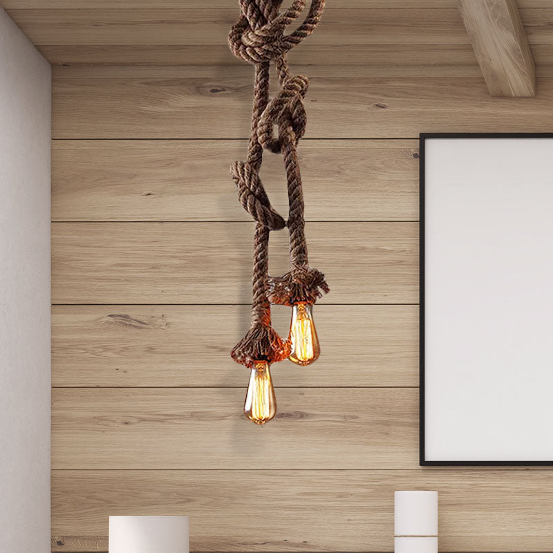 Vintage Style Light Brown Rope Pendant Light with Open Bulb - 2 Heads - Ceiling Hanging Lighting for Bar