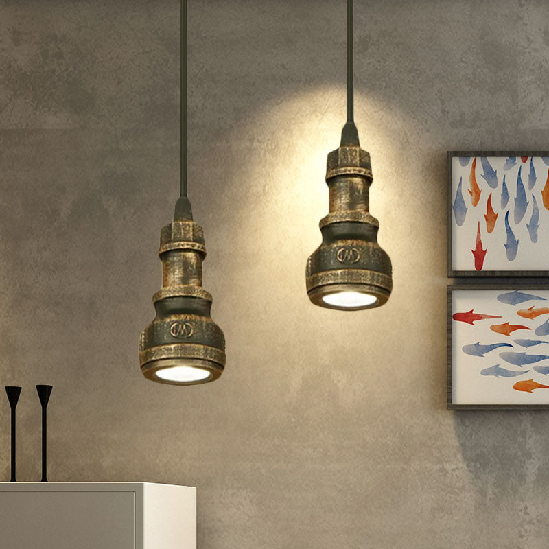 Vintage Mini Pendant Lamp with Water Pipe and Wrought Iron in Aged Brass Finish