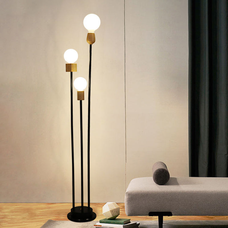 Bulb Floor Lamp - Minimalist Metallic 3-Head Stand Up Light For Study Room Black