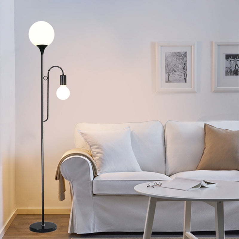 Sleek Glass Ball Standing Lamp: Modern 2-Head Bedroom Reading Light With Curved Arm In Black/White