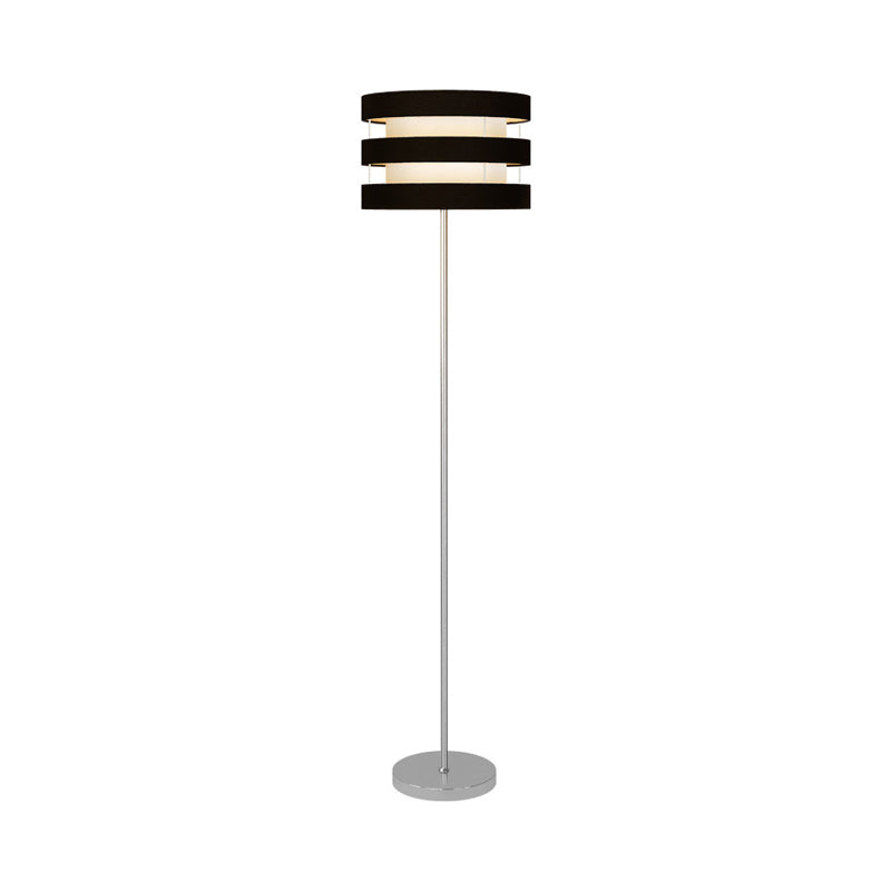 Modern Drum Cage Metal Floor Light - Black Finish 1-Light Reading Lamp With Fabric Shade