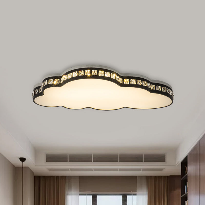 Minimalist Black LED Cloud Shape Flush Mount with Faceted Crystal for Bedroom