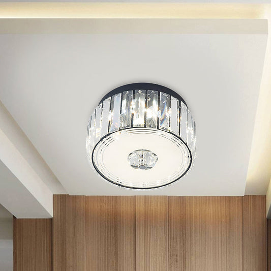Minimalist Cylinder Crystal LED Ceiling Flush Light for Balcony – Clear Rectangle-Cut Design