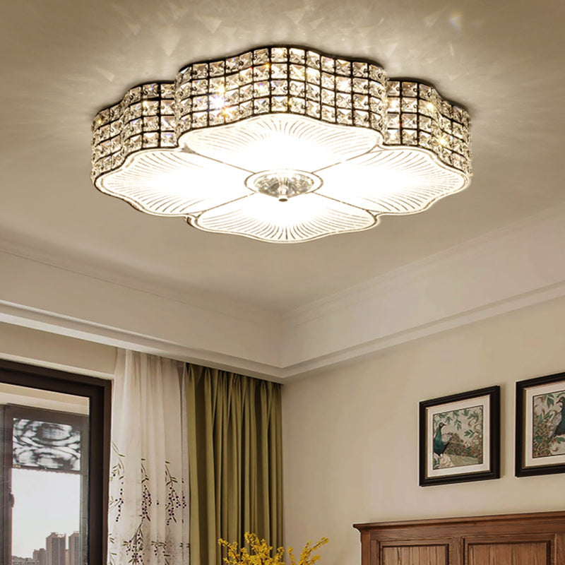 LED Ceiling Flush Light: Contemporary Crystal-Encrusted Shade with Black Flower Design