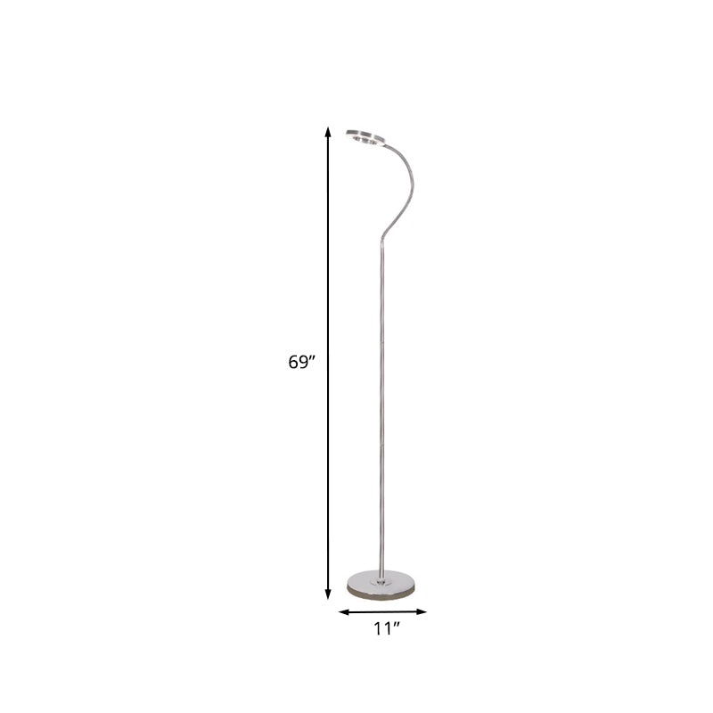 Simplicity Led Silver Floor Reading Lamp With Gooseneck Arm - Metal Ring Round Shade Stand Up Light