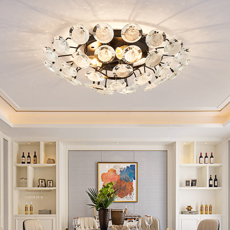 Modern Sputnik Crystal Semi Flush Dining Room Ceiling Lamp - 4 Bulbs - Black