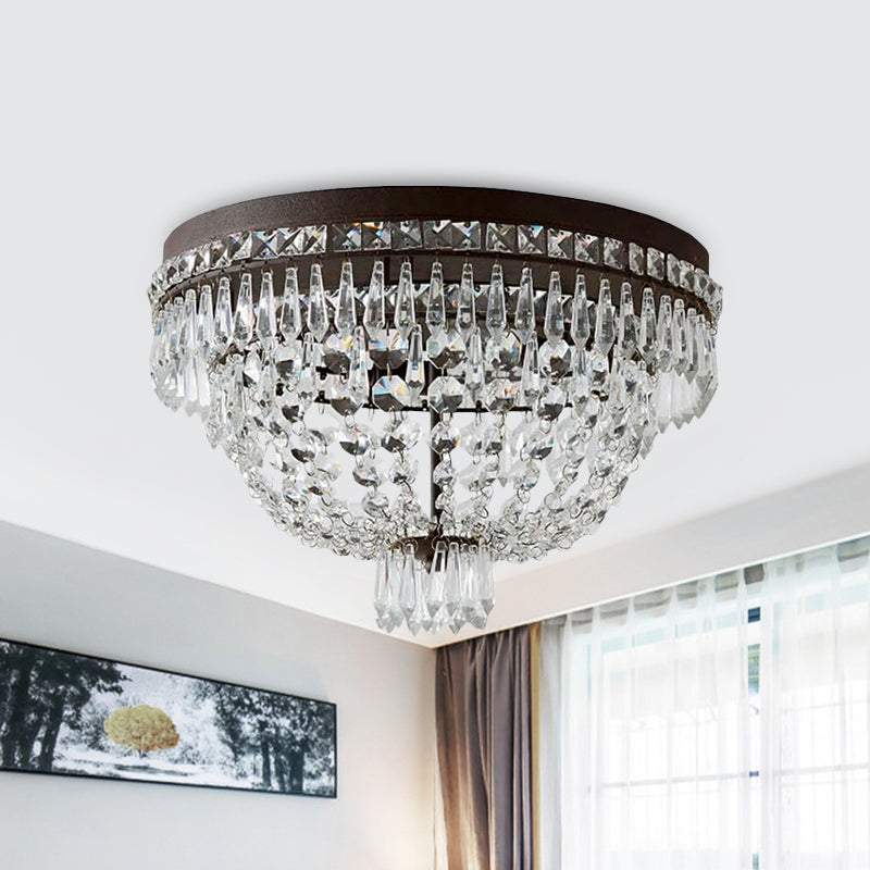 Modern Dome Frame Crystal Flush Mount Ceiling Light - 3-Light, Clear Strand, Black Fixture