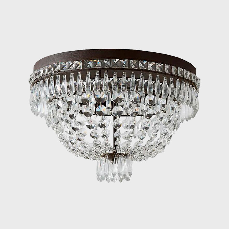 Modern Dome Frame Crystal Flush Mount Ceiling Light - 3-Light, Clear Strand, Black Fixture