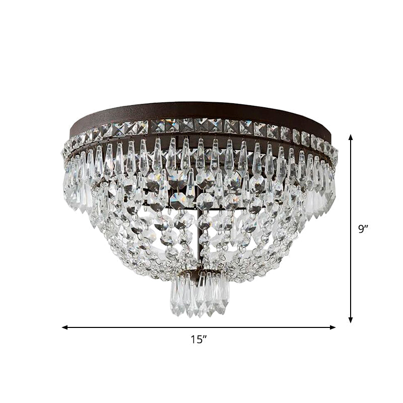 Modern Dome Frame Crystal Flush Mount Ceiling Light - 3-Light, Clear Strand, Black Fixture