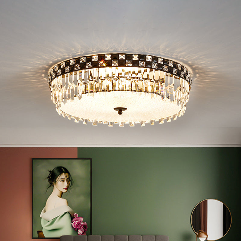Modern Black Round Flush Mount Ceiling Light with 5 Clear Faceted Crystal Bulbs