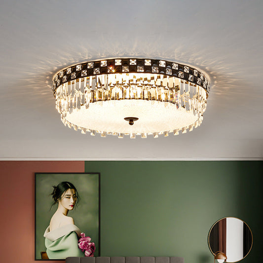 Modern Black Round Flush Mount Ceiling Light with 5 Clear Faceted Crystal Bulbs