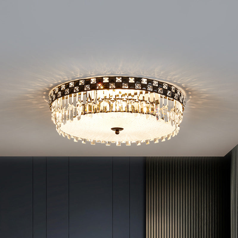 Modern Black Round Flush Mount Ceiling Light with 5 Clear Faceted Crystal Bulbs