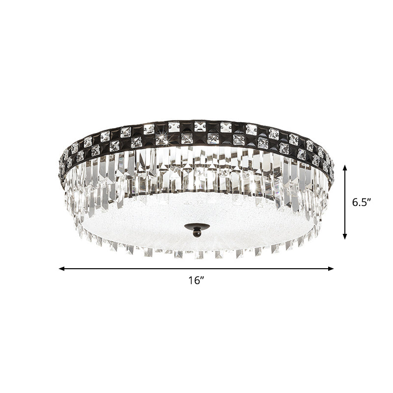 Modern Black Round Flush Mount Ceiling Light with 5 Clear Faceted Crystal Bulbs