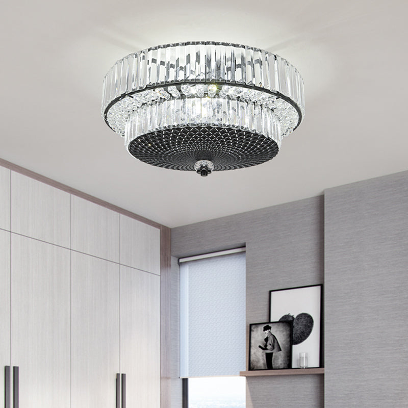Modern Crystal Block Drum Flushmount Lamp with 4 Lights in Black