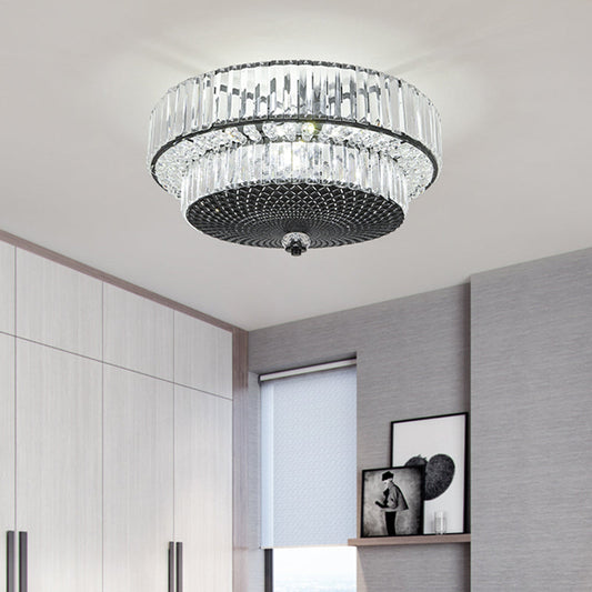 Modern Crystal Block Drum Flushmount Lamp with 4 Lights in Black