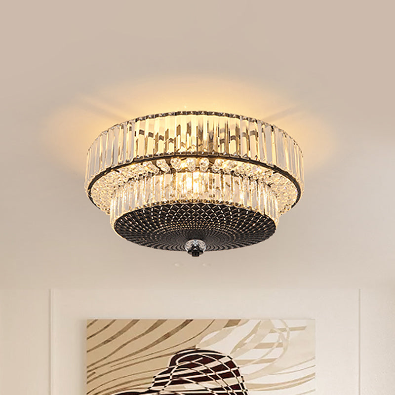 Modern Crystal Block Drum Flushmount Lamp with 4 Lights in Black