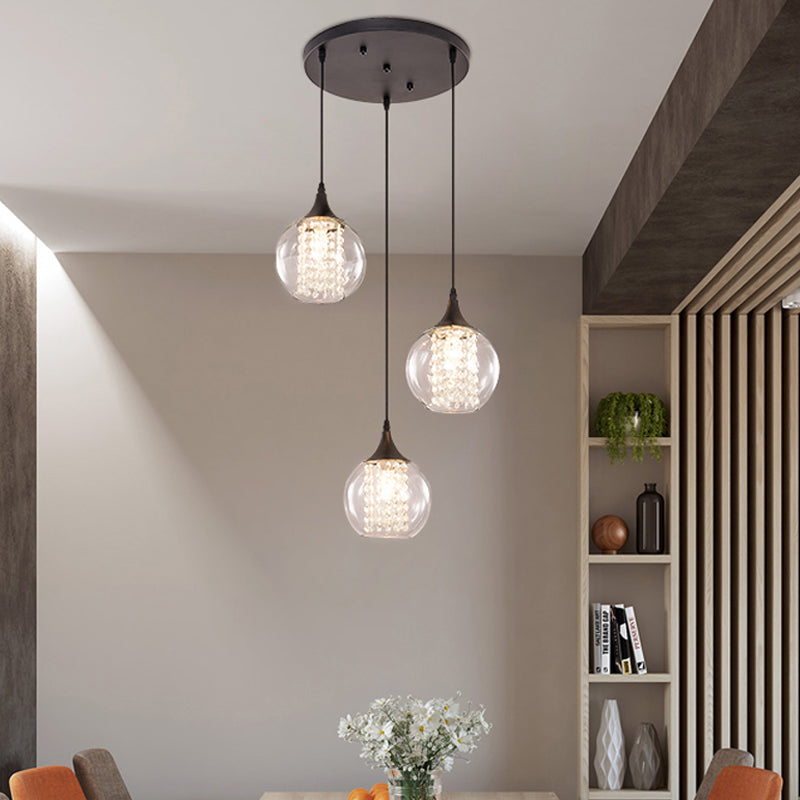 Stylish Globe Multi Ceiling Light with Clear Glass, 3 Bulbs, Black Finish - Modern Dining Room Hanging Lamp