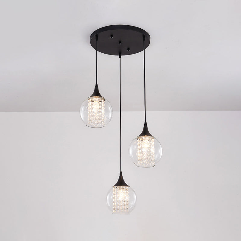 Stylish Globe Multi Ceiling Light with Clear Glass, 3 Bulbs, Black Finish - Modern Dining Room Hanging Lamp